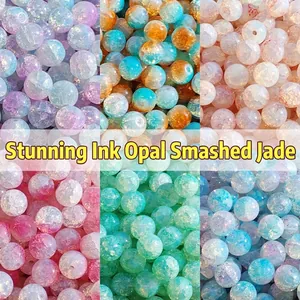 Round Glass Loose Beads Crackle Ice Pattern Water Dyed Opal Style DIY Jewelry Making Gold Sprinkled Bracelet Accessories