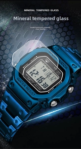 Detail of square navy digital sports watch with mineral glass and 50M water resistance