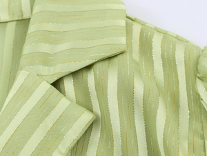 Close-up of light green vertical striped fabric with gold glitter thread and collar detail