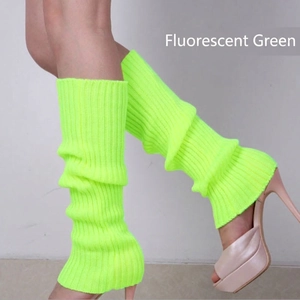 Detail of neon green ribbed knit leg warmers showing thick texture and slouchy style