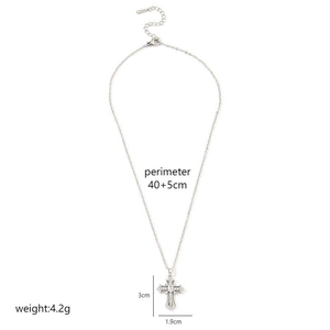Detail view of crystal-encrusted cross pendant showing dimensions 3cm by 1.9cm and 45cm chain