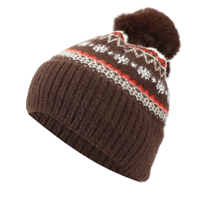 Women's brown knitted pom-pom beanie with winter snowflake patterns for outdoor warmth
