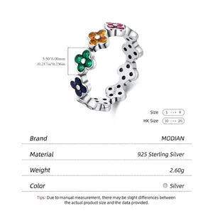 S925 sterling silver rainbow clover ring with multi-colored floral stones and gems