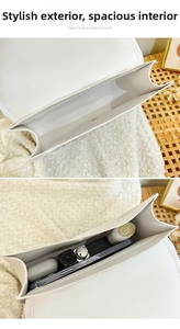 Interior view of white quilted handbag showing capacity for lipstick and earbuds