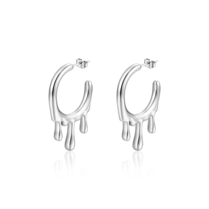 Polished silver stainless steel lava drop earrings with a modern melting metal design