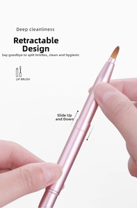 Close-up of pink retractable double-ended lip brush with high-quality synthetic fibers