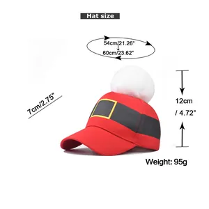 Size guide for Christmas baseball cap with pompom showing head circumference and brim length
