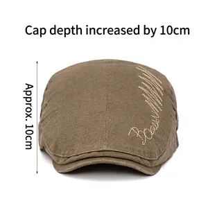 Brown cotton newsboy cap with embroidery and 10cm deep fit for outdoor sun protection