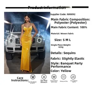 Detailed view of yellow sequin evening dress fabric texture and slim fit design specs