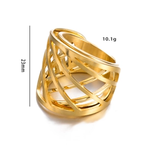 Detail view of gold geometric cage ring showing 23mm height and 10.1g weight specs