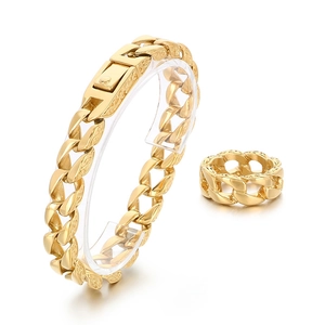Men's gold titanium steel Cuban chain bracelet and ring set with engraved floral details