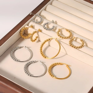 Stainless Steel Beaded Hoop Earrings 18K Gold Plated Geometric Circle C Shape Minimalist Fashion Jewelry For Women