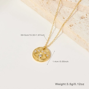 Detailed specs showing the gold evil eye pendant with dimensions and zircon inlay details