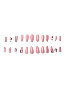 Detailed set of 24 almond-shaped press-on nails with pink rose floral designs and matte finish