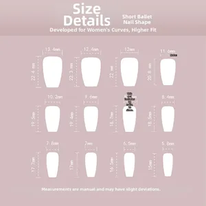 Size chart showing width and length of 24pcs short coffin press-on nails in 12 sizes