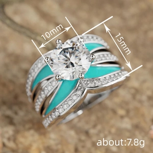 Luxe princess silver ring with 10mm round zircon and sky blue enamel detailing