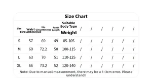 Size chart for high waist yoga shorts showing waist, hip, and length measurements from S to XL