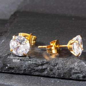 Classic 8mm round zircon stainless steel stud earrings in gold finish on black stone