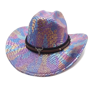 Western cowboy hat featuring holographic gradient scales and silver bull skull ornament