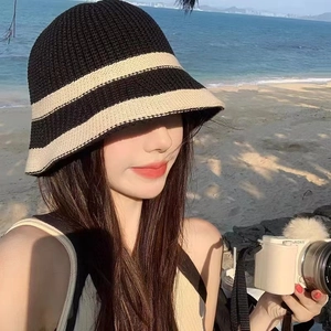 Women Crochet Bucket Hat Knit Hollow Mesh Breathable Sun Protection Summer Beach Foldable Fisherman Hat Japanese Style