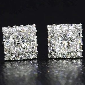 Classic silver square earrings with large princess cut zircon and halo pavé setting