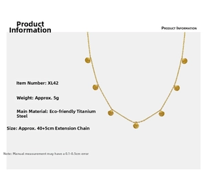Detailed specs of gold shell pendant necklace showing 45cm titanium steel chain length