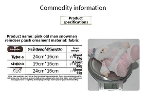 Detailed size and weight chart for pink sequin Santa Snowman and Reindeer plush ornaments