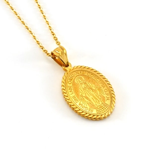 Polished gold stainless steel necklace featuring a religious Virgin Mary oval pendant