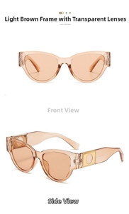 Detail view of champagne cat-eye sunglasses with golden metal side hardware and polished frame