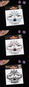 Three sets of Halloween face jewelry stickers in blue, red, and black for Day of the Dead