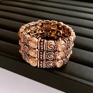 Vintage wide elastic bracelet with multi-layered crystal squares in retro bronze finish