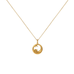 Minimalist gold stainless steel necklace with round sea wave pattern sun pendant