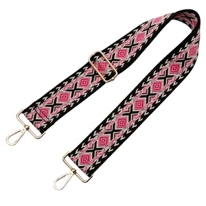 Ethnic woven wide shoulder strap with pink diamond pattern and golden metal buckles