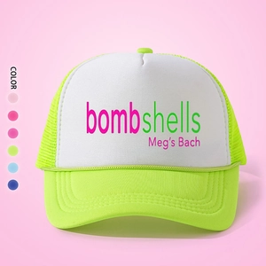 Detail of neon green and white trucker hat with pink bombshells text and breathable mesh