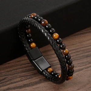 Double Layer Bracelet With Braided Leather Natural Tiger Eye Stone Black Agate Beads Alloy Magnetic Clasp Retro For Men