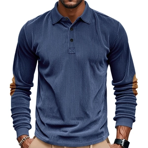 Men's retro loose corduroy long sleeve Polo shirt in navy blue with elbow patches