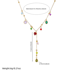 Gold Y-shaped stainless steel necklace with colorful heart and teardrop gemstone charms