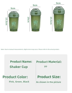 Detailed comparison of three sizes for green plastic shaker bottles with H! logo