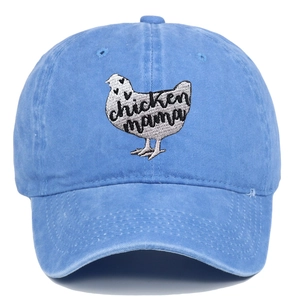 Close-up of chicken mama embroidery on a washed light blue cotton baseball cap