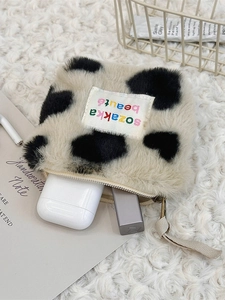 Plush heart cow print storage pouch with zipper for lipstick and earphones