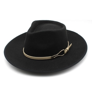Classic black wide-brim fedora hat with beige decorative band and gold metal buckle