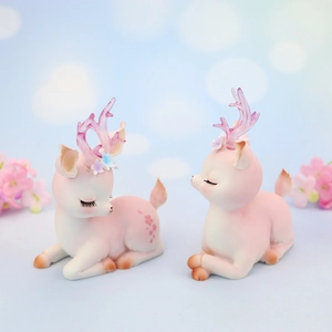 Cute pink deer resin car ornaments with floral antlers for bedroom decor, set of two