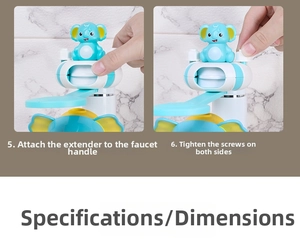 Detail view of cartoon elephant faucet extender installation with adjustable screw mechanism