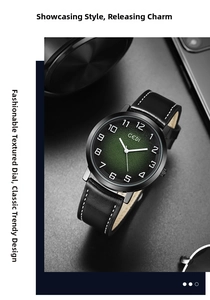 Detail of vintage men's watch with gradient green dial and black leather strap
