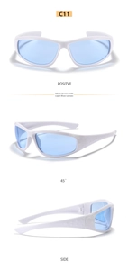 Detailed views of Y2K wrap-around sporty sunglasses with white frames and light blue lenses