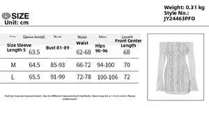Size chart for lace off-shoulder dress showing bust, waist, and hip measurements in cm