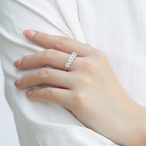 Close-up of five oval-cut zircon stones on a 925 sterling silver band worn on a finger