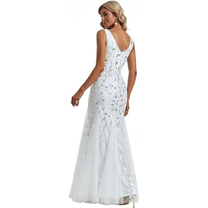 Elegant white V-neck evening gown with silver leaf sequins and mermaid tulle skirt