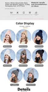Detailed view of thick knit acrylic winter hat and neck warmer set with material specs