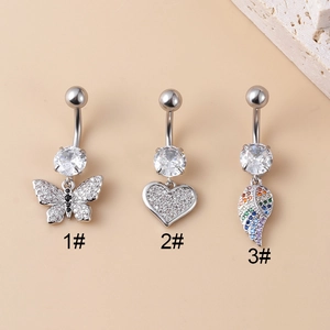 Three silver surgical steel belly button rings with butterfly, heart, and wing dangles